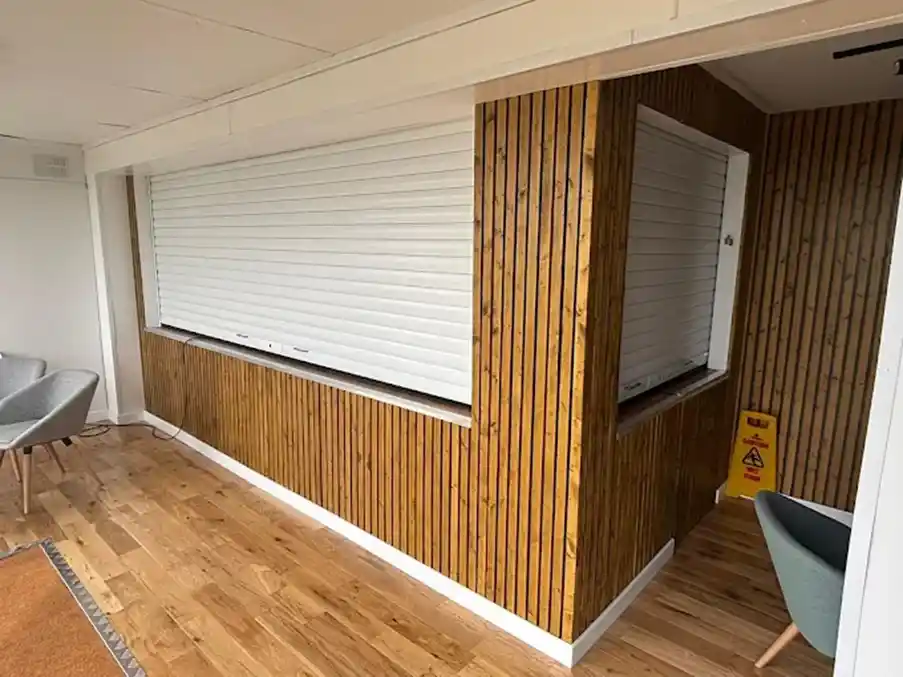 Portable cabin interior showing heating, ventilation and office layout